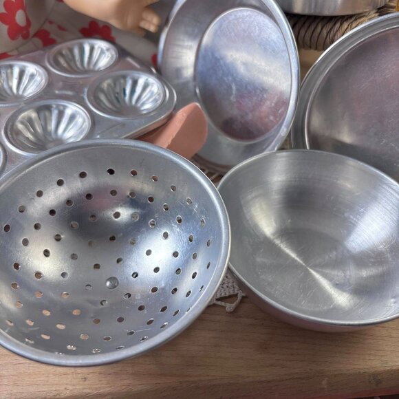 Vintage 1960s Toy Aluminum Bakeware Set | Muffin Tin, Colander & Pans | Mid Cent - Picture 12 of 12